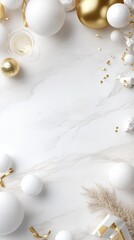 A festive New Year's Eve celebration setup featuring a chic white and gold color scheme with decorations and a marble backdrop.