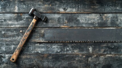 Rustic Hammer, Saw, Wooden Background, Workshop, DIY