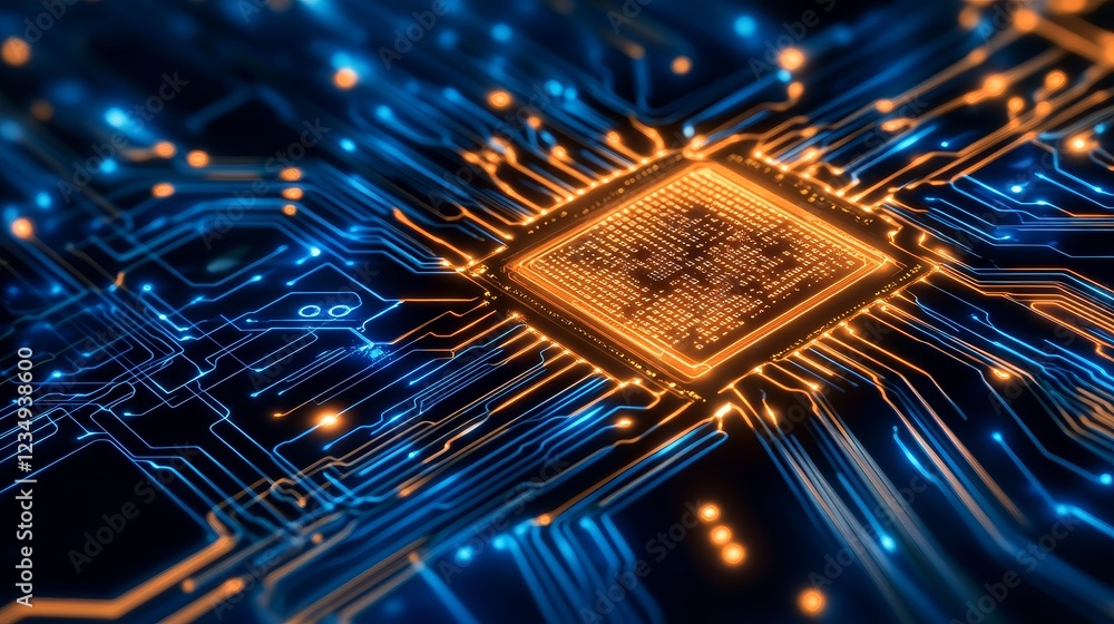 Poster close-up view of a glowing microchip surrounded by intricate circuit patterns, showcasing technology