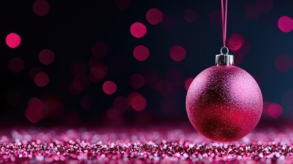 Fototapeta premium Pink Christmas Ornament Hanging, Festive Sparkle Background