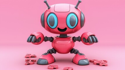 Playful Pink Robot with Scattered Puzzle Pieces