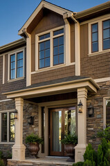 Luxury Home Exterior: Modern Stone and Wood Design.  Stunning architecture, elegant facade, and landscaping.  Perfect for real estate listings and home design inspiration.