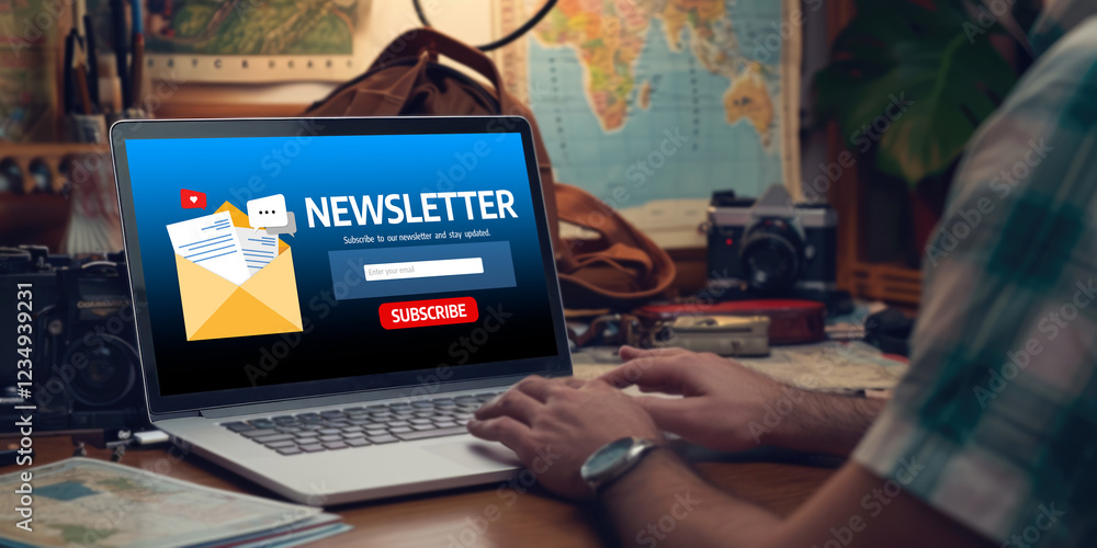 Poster newsletter signup page on computer for customer to subscribe brisk newsletter update information to 