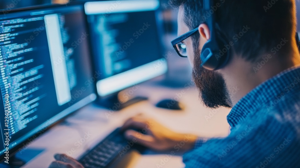 Poster focused individual programming on dual monitors in a modern workspace with ambient lighting