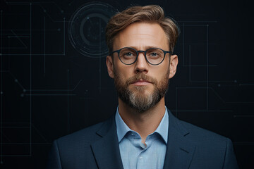 confident man with glasses and beard stands against digital background, exuding professionalism and focus. He wears suit, suggesting business or tech environment