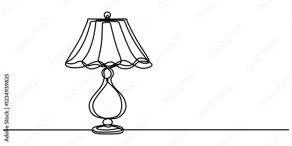 Poster Continuous one line drawing. Lamp on the table. Vector illustration. One continuous drawn line art doodle linear, A simple line drawing of a desk lamp. It shows the lamp's shape and features pro line.