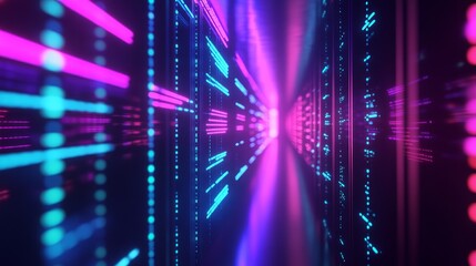 Obraz premium Futuristic digital corridor illuminated by vibrant blue and pink lights, showcasing technology and innovation
