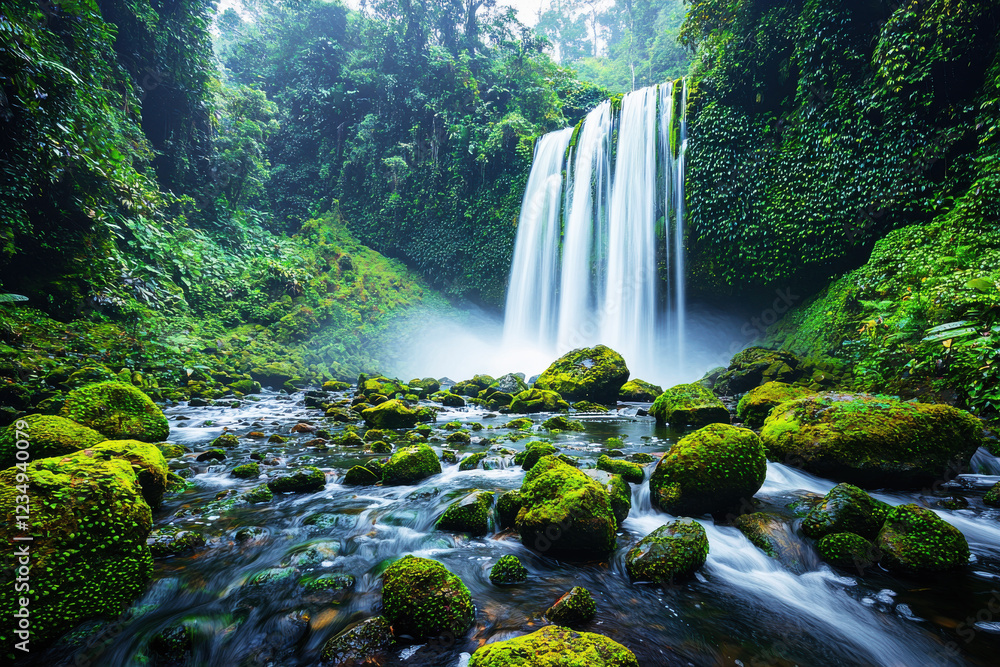 Poster cascading waterfall surrounded by lush greenery and moss-covered rocks in a serene forest setting