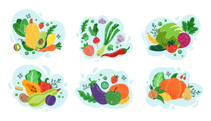 Food healthy. Vegetables composition cartoon, ingredients for salad. Green leaf, tomato, organic avocado, pumpkin, carrot. Veggie set of graphic agriculture. Vector tidy healthy garden illustration