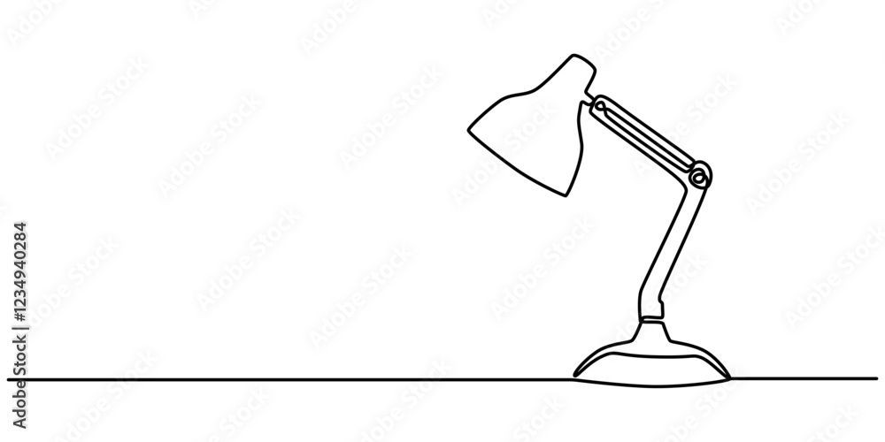 Poster Continuous one line drawing. Lamp on the table. Vector illustration. One continuous drawn line art doodle linear, A simple line drawing of a desk lamp. It shows the lamp's shape and features pro line.