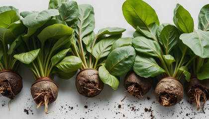 Organic spinach plants with earth root balls and leaves. Immune system boosting healthy vegetable food high in antioxidants, vitamins and minerals on white background, mindfulness theme