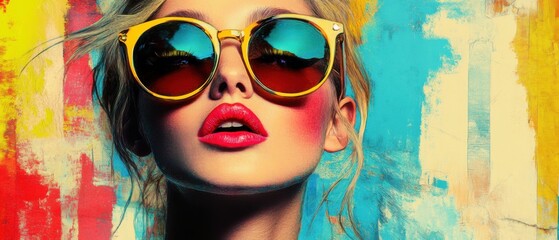 Closeup portrait of a stylish blonde woman with red lips wearing yellow sunglasses against a vibrant abstract painted background Concept of fashion, beauty, and summer