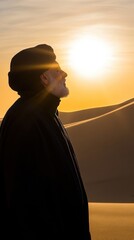 A person meditates in a serene desert landscape at sunset, surrounded by warm golden sands and a tranquil atmosphere.