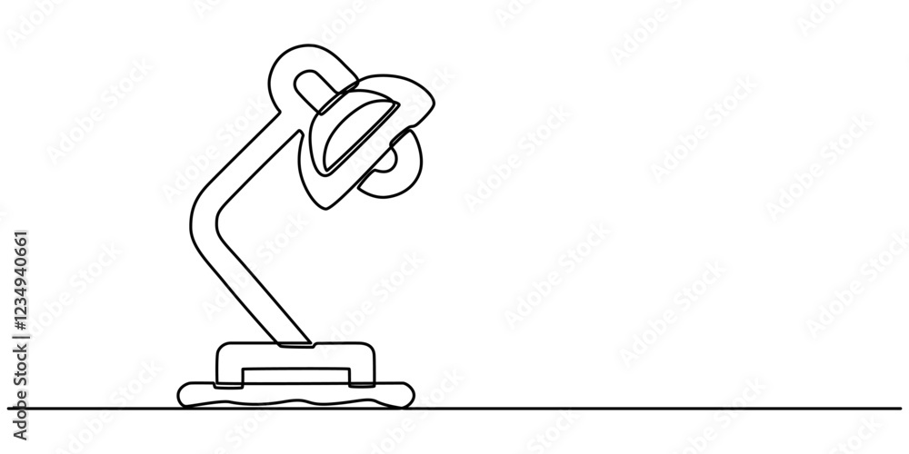 Poster Continuous one line drawing. Lamp on the table. Vector illustration. One continuous drawn line art doodle linear, A simple line drawing of a desk lamp. It shows the lamp's shape and features pro line.