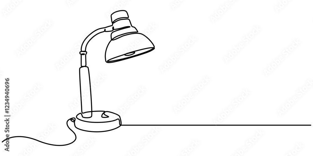 Poster Continuous one line drawing. Lamp on the table. Vector illustration. One continuous drawn line art doodle linear, A simple line drawing of a desk lamp. It shows the lamp's shape and features pro line.
