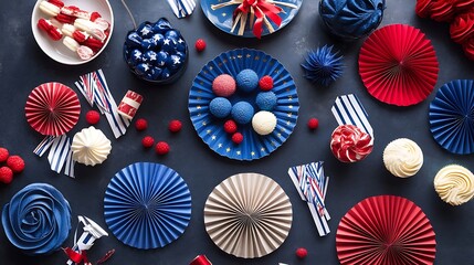 Patriotically-themed desserts and paper decorations arranged on a dark background.