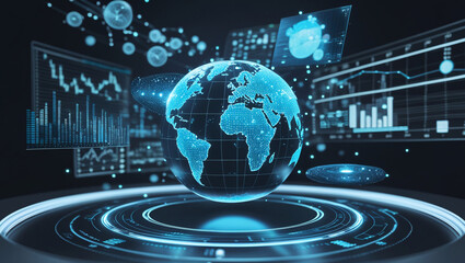 A holographic Earth with glowing blue continents and data grids, floating above a sleek, futuristic surface. Surrounding the globe are orbiting data particles, charts, and graphs, symbolizing global t