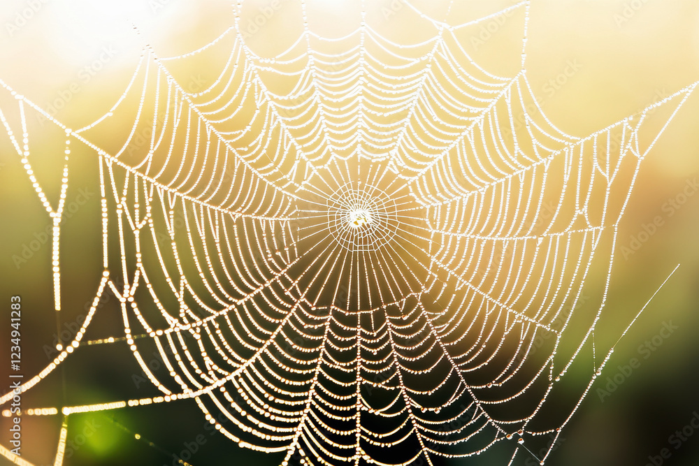 Aufkleber close-up view of a dew-covered spiderweb glistening in morning sunlight with intricate patterns and 