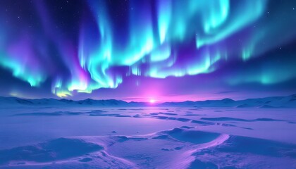 Naklejka premium Stunning Aurora Borealis Over Snowy Landscape at Sunset