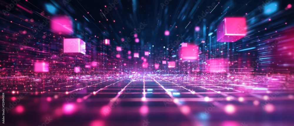 Aufkleber abstract futuristic 3d rendering of pink cubes floating in a digital space with glowing particles an