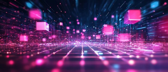 Fototapeta premium Abstract futuristic 3D rendering of pink cubes floating in a digital space with glowing particles and grid lines, concept of technology, data, and virtual reality