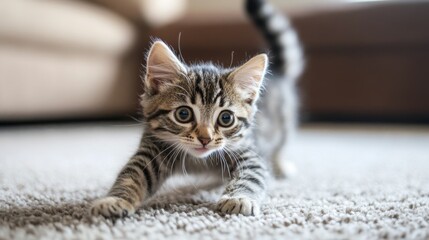 Playful Kitten Chasing Its Own Tail in a Cozy Living Room Setting