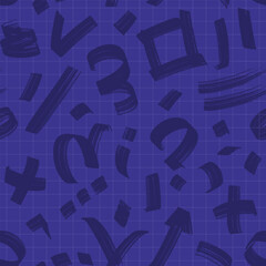 Various hand drawn shapes and doodle objects as a backdrop. Vector seamless pattern with various symbols and signs. Repeatable backdrop in shades of blue.