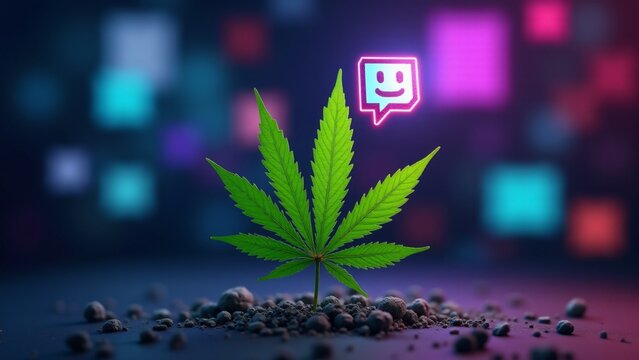 A marijuana leaf with a popular Twitch emote floating above it. The emote pulses with colorful animations, set in a vibrant stream environment with floating chat bubbles and neon colors.