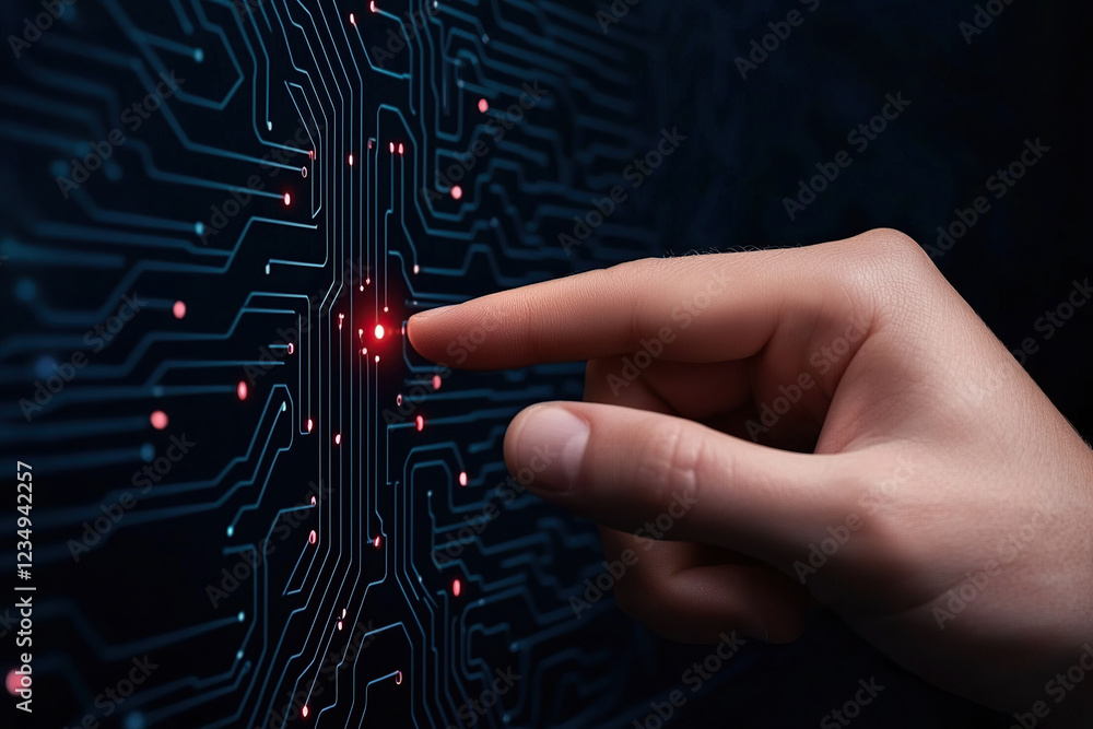 Poster hand interacts with glowing circuit board, symbolizing technology and innovation. intricate design h
