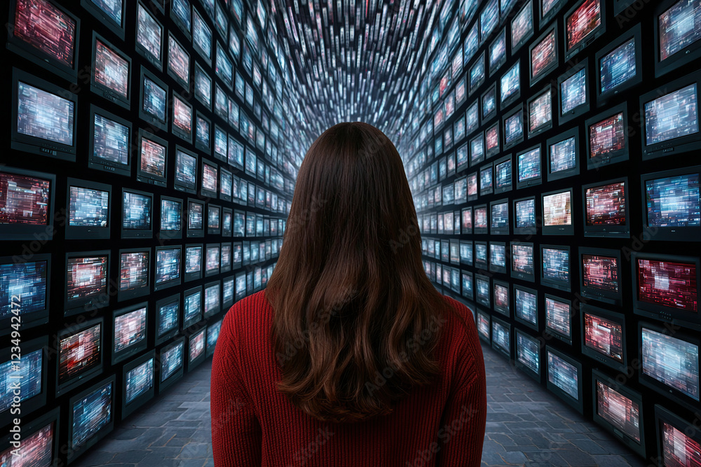 Poster woman stands in corridor lined with numerous screens displaying digital data, creating futuristic an