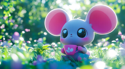 Naklejka premium Charming cute mouse character in lush green nature with colorful flowers