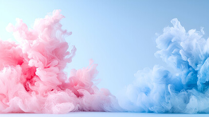 Fototapeta premium Pink and blue ink clouds swirling and mixing in clear water against a light blue background.