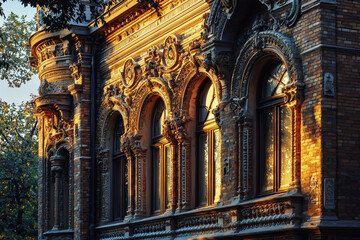 Obraz premium Close-up view of ornate brick architecture showcasing intricate carvings and arched windows in the soft morning light