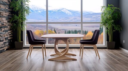 Fototapeta premium Modern interior with a wooden table and chairs, overlooking a scenic mountain landscape