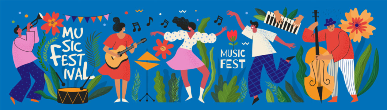 Summer festival poster. Music carnival. Dance party. Girl with guitar. Man dancer. Fest event. Nature in June. Abstract flowers. Holiday celebration. Happy people banner. Vector spring illustration