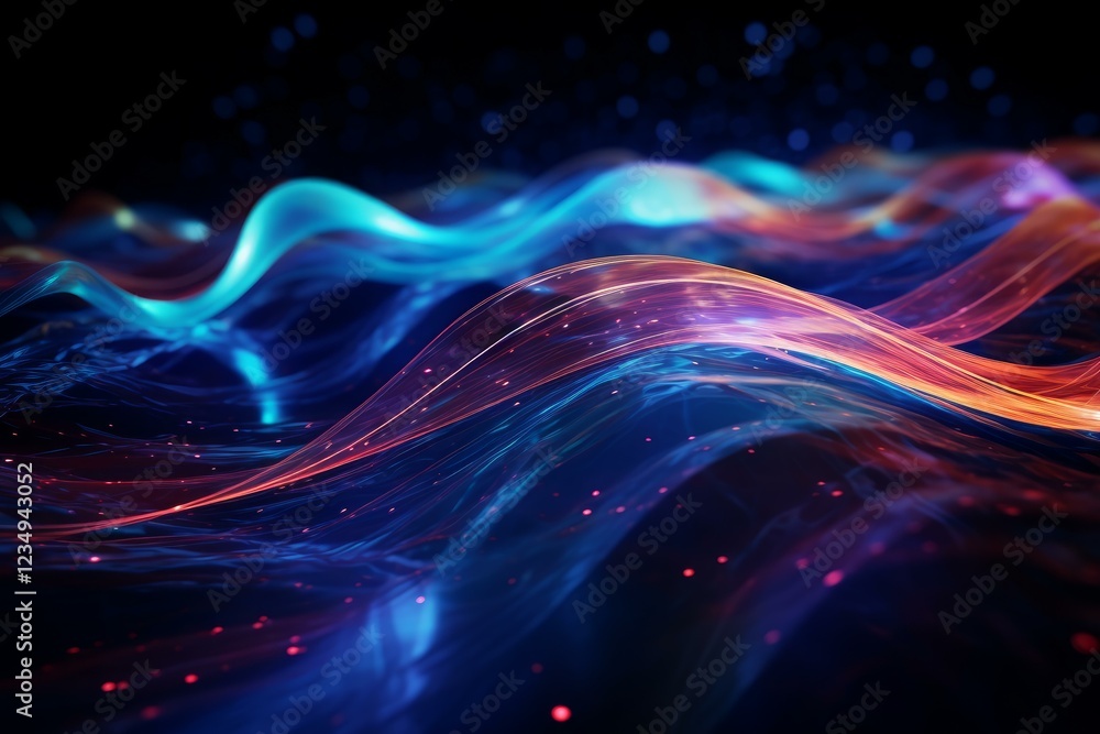 Poster colorful abstract waves flowing smoothly in digital space, creating a mesmerizing visual effect