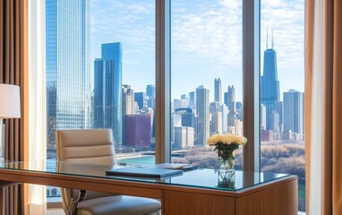 Modern office workspace with a view of a vibrant city skyline and a peaceful river in the background