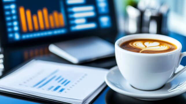 A beautifully crafted latte art in a white cup on a desk with financial reports and a tablet showing data - Powered by Adobe