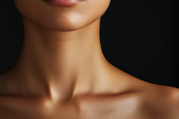Close-up of a smooth neckline highlighting collarbones against a dark background