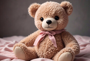 Obraz premium A cute teddy bear sits on a soft pink fabric. There is a small pink bow on the bear's neck. Children's toy, soft toy