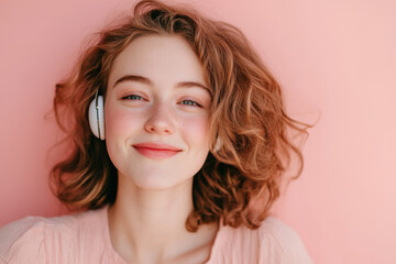 Naklejka premium Cheerful caucasian young adult woman with curly hair wearing headphones smiling against pink background