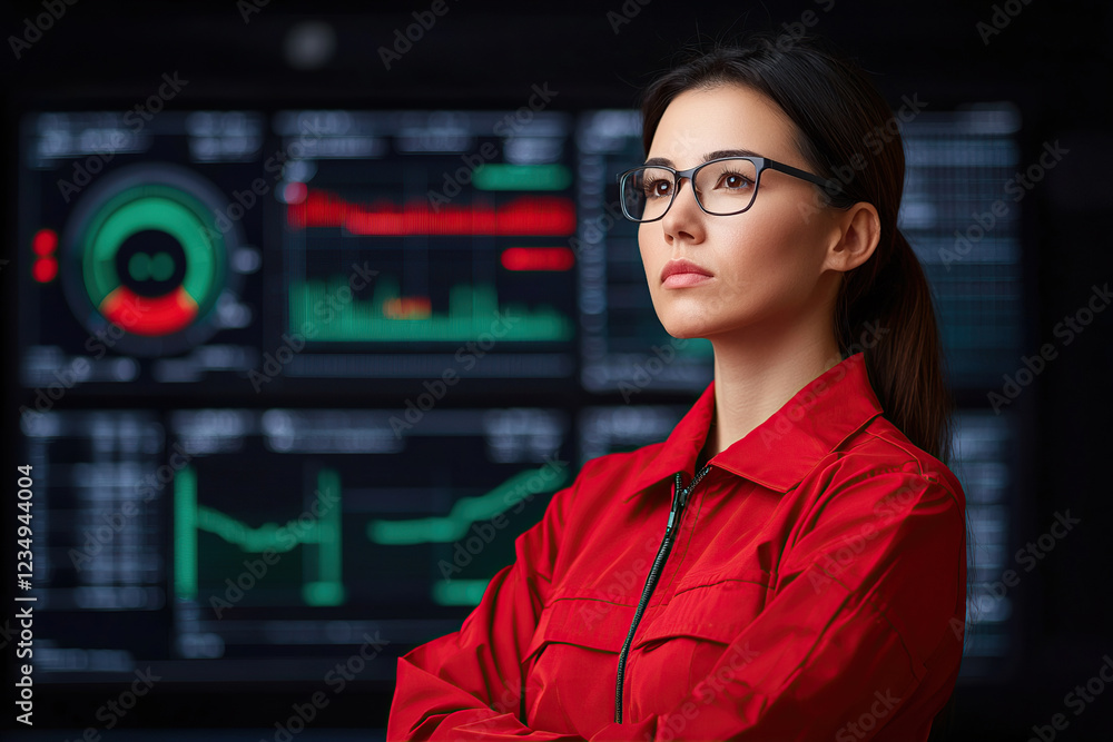 Aufkleber confident woman in red jacket stands in front of digital screens displaying financial data and graph