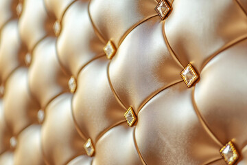 Close-up view of luxurious quilted satin fabric with diamond stitching and metallic gold accents