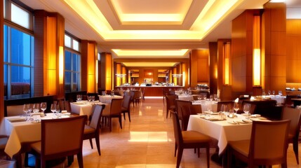 Elegant restaurant interior with warm lighting, set tables, and a tranquil evening ambiance