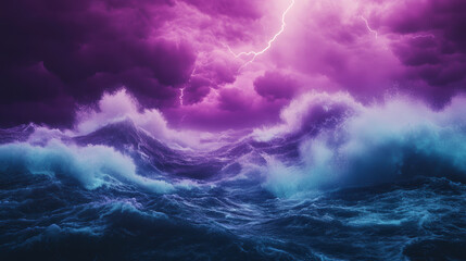 Obraz premium Dramatic ocean storm with vivid purple lightning and turbulent waves under dark cloudscape atmospheric scene