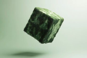 A Moss-Covered Cube Floating Against a Pale Green Background