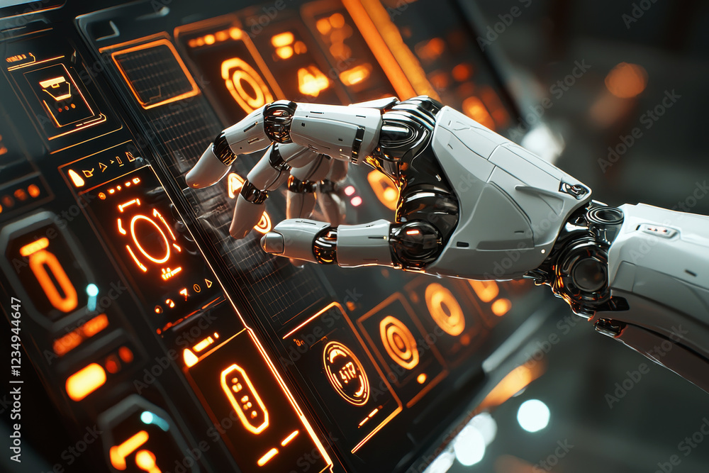 Poster robotic hand engages with a futuristic touchscreen interface featuring glowing icons and intricate d