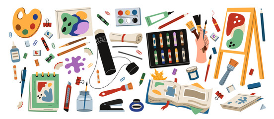 Paint art supplies. Brush tools, artist craft, different pen. Icon flat painting, painter school, hobby paintbrush. Creative stationery, handmade sketchbook vector tidy cartoon flat style isolated set