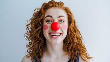 Redhead woman playfully wears a red nose and smiles.