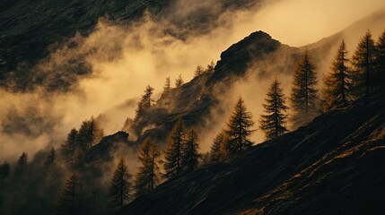 Obraz premium Misty Mountain Landscape With Silhouetted Pines